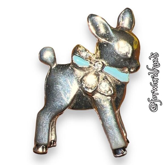 Small Deer Pin Brooch with Rhinestone Eyes & Blue Enamel Bow - Picture 6 of 10